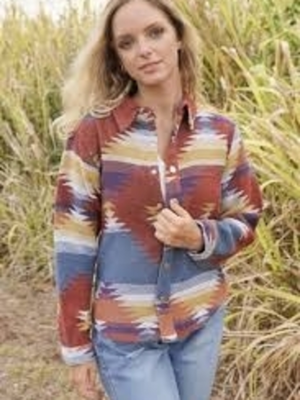 Southwestern Stripe Button-Down Shirt Jacket in Rust Multi